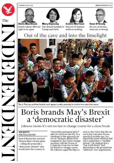 The Independent Newspaper Front Page for 19 July 2018
