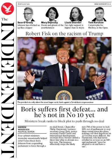 The Independent Newspaper Front Page for 19 July 2019