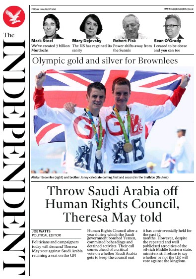The Independent Newspaper Front Page for 19 August 2016