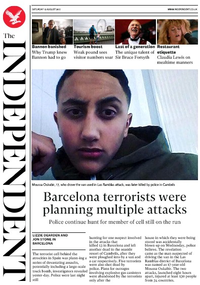 The Independent Newspaper Front Page for 19 August 2017