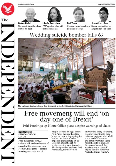 The Independent Newspaper Front Page for 19 August 2019