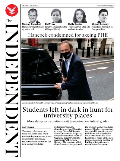 The Independent Newspaper Front Page for 19 August 2020