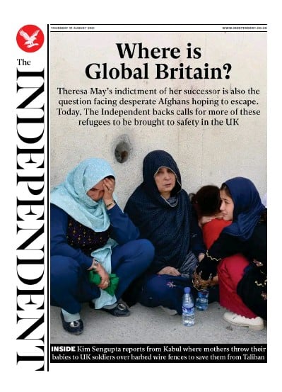The Independent (UK) Newspaper Front Page for 19 August 2021
