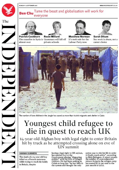 The Independent Newspaper Front Page for 19 September 2016