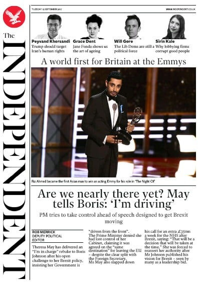 The Independent (UK) Newspaper Front Page for 19 September 2017