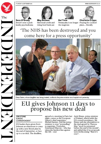 The Independent Newspaper Front Page for 19 September 2019