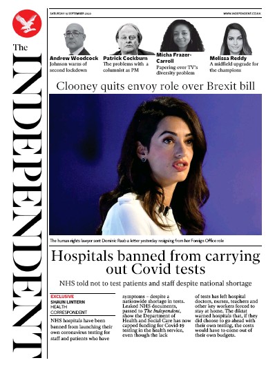 The Independent Newspaper Front Page for 19 September 2020