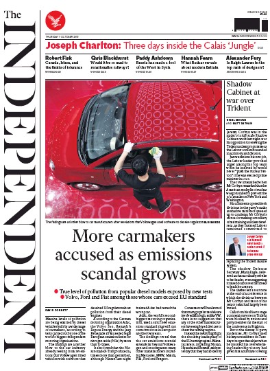 The Independent Newspaper Front Page for 1 October 2015