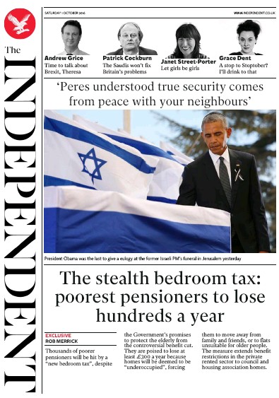 The Independent Newspaper Front Page for 1 October 2016