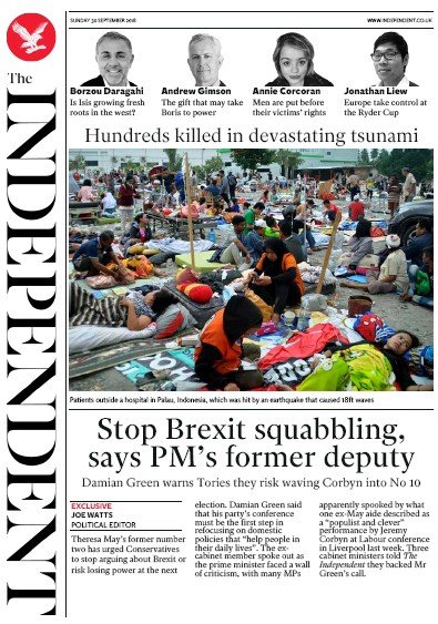 The Independent (UK) Newspaper Front Page for 1 October 2018