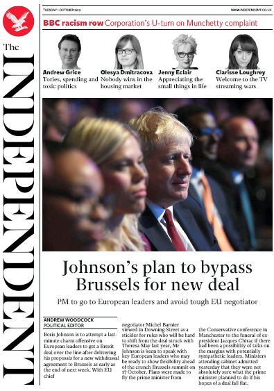 The Independent Newspaper Front Page for 1 October 2019