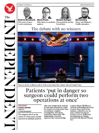 The Independent Newspaper Front Page for 1 October 2020