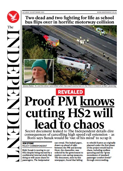 The Independent Newspaper Front Page for 1 October 2023