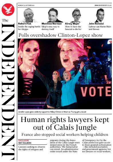 The Independent Newspaper Front Page for 1 November 2016