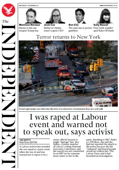 The Independent Newspaper Front Page for 1 November 2017