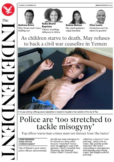 The Independent (UK) Newspaper Front Page for 1 November 2018