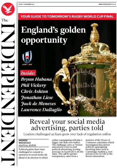The Independent (UK) Newspaper Front Page for 1 November 2019