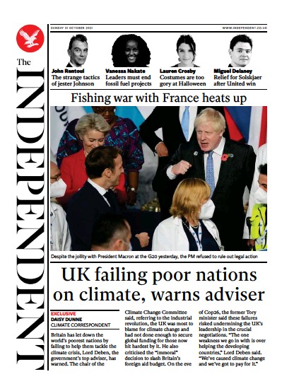 The Independent (UK) Newspaper Front Page for 1 November 2021