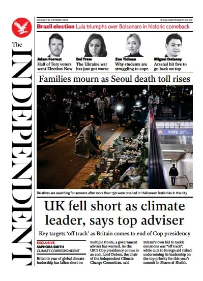 The Independent (UK) Newspaper Front Page for 1 November 2022