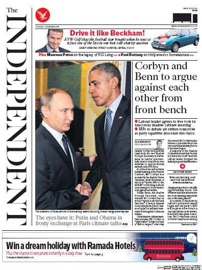 The Independent Newspaper Front Page for 1 December 2015