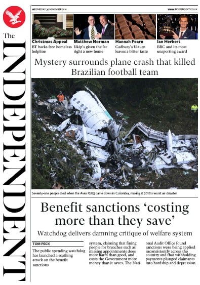 The Independent Newspaper Front Page for 1 December 2016