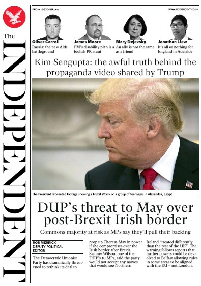 The Independent Newspaper Front Page for 1 December 2017