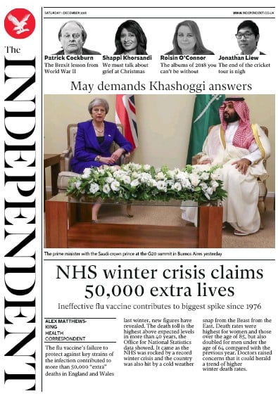 The Independent Newspaper Front Page for 1 December 2018