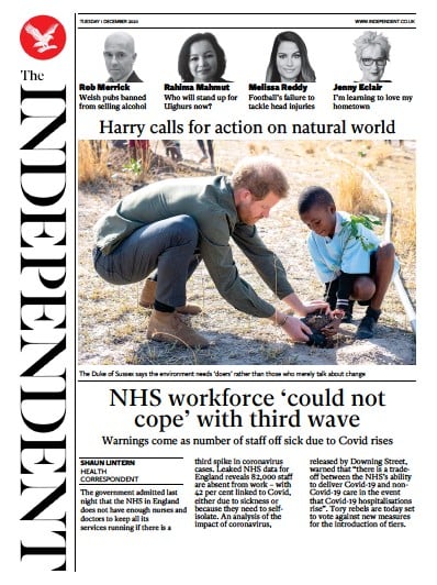 The Independent (UK) Newspaper Front Page for 1 December 2020
