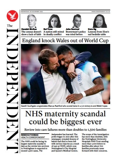 The Independent (UK) Newspaper Front Page for 1 December 2022