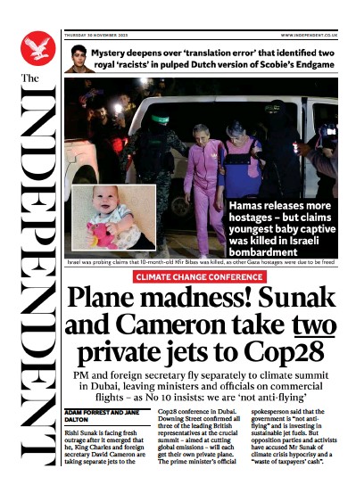 The Independent (UK) Newspaper Front Page for 1 December 2023