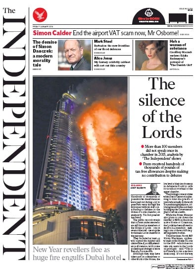 The Independent Newspaper Front Page for 1 January 2016