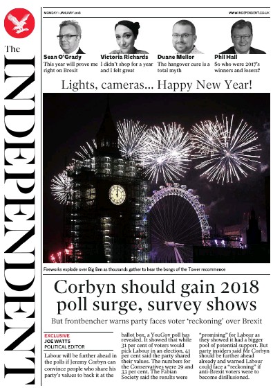 The Independent Newspaper Front Page for 1 January 2018