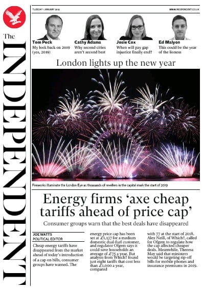 The Independent Newspaper Front Page for 1 January 2019