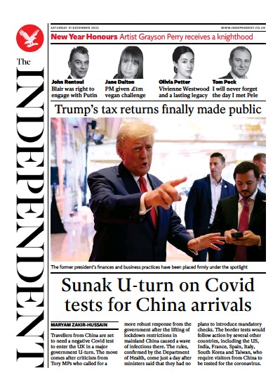 The Independent (UK) Newspaper Front Page for 1 January 2023