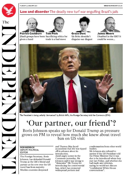 The Independent Newspaper Front Page for 1 February 2017