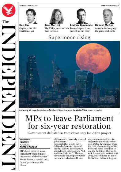 The Independent Newspaper Front Page for 1 February 2018
