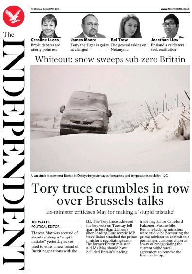 The Independent Newspaper Front Page for 1 February 2019