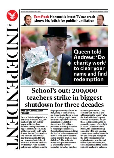 The Independent (UK) Newspaper Front Page for 1 February 2023
