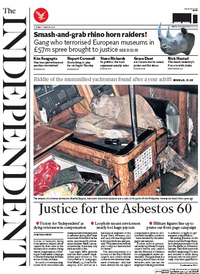 The Independent (UK) Newspaper Front Page for 1 March 2016