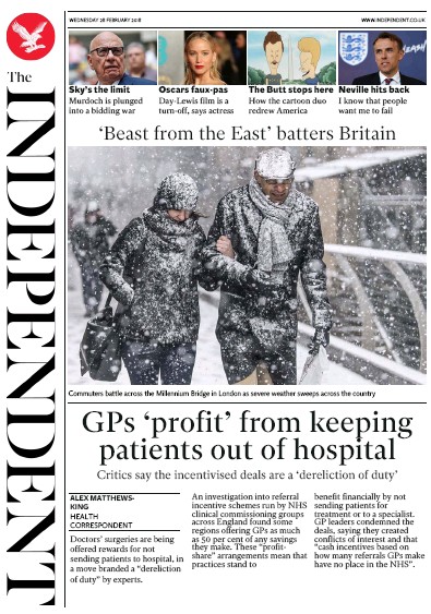 The Independent (UK) Newspaper Front Page for 1 March 2018