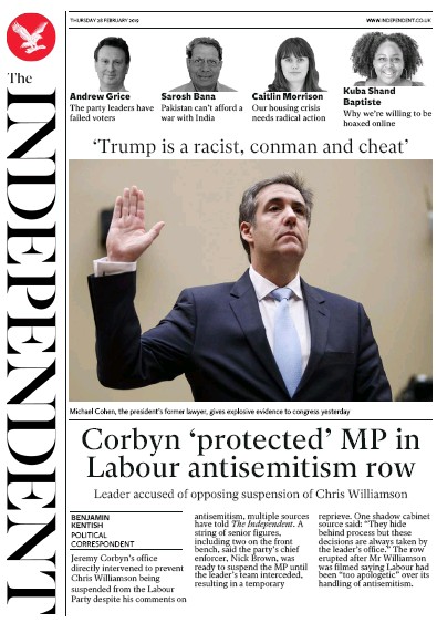 The Independent Newspaper Front Page for 1 March 2019