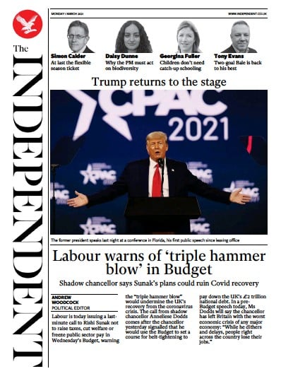 The Independent (UK) Newspaper Front Page for 1 March 2021