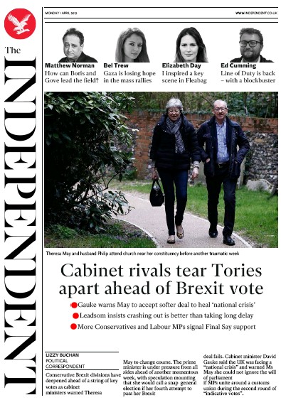The Independent Newspaper Front Page for 1 April 2019
