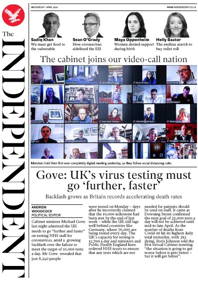 The Independent Newspaper Front Page for 1 April 2020