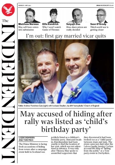 The Independent Newspaper Front Page for 1 May 2017
