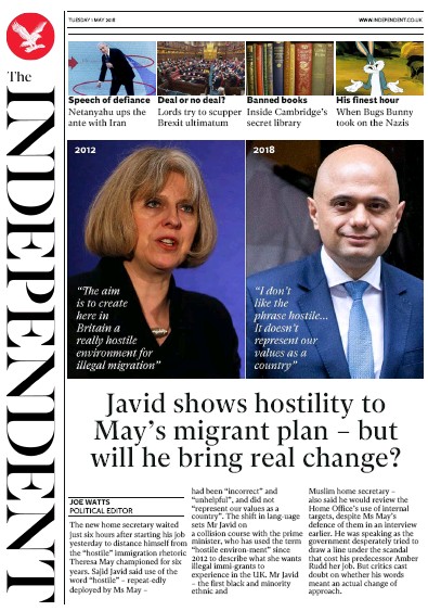 The Independent Newspaper Front Page for 1 May 2018