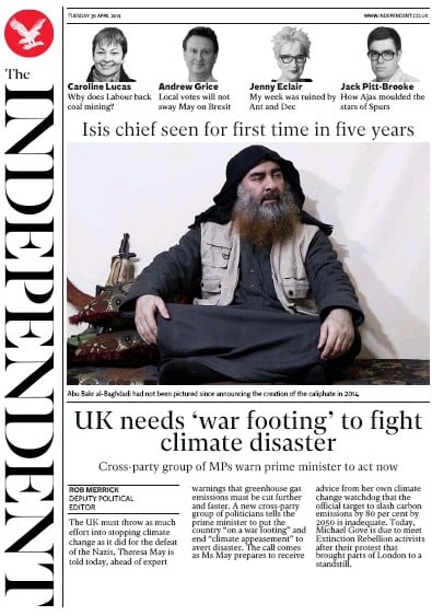 The Independent Newspaper Front Page for 1 May 2019