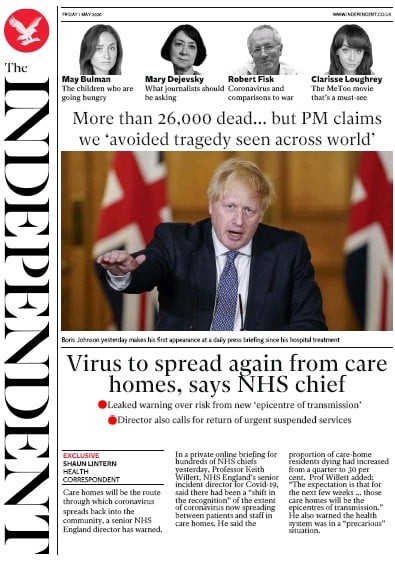 The Independent (UK) Newspaper Front Page for 1 May 2020
