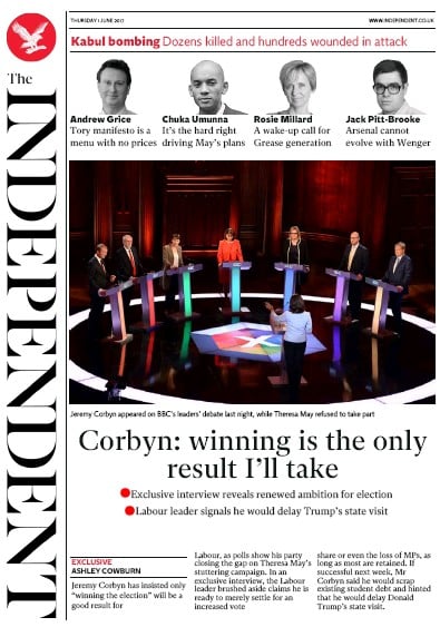 The Independent Newspaper Front Page for 1 June 2017