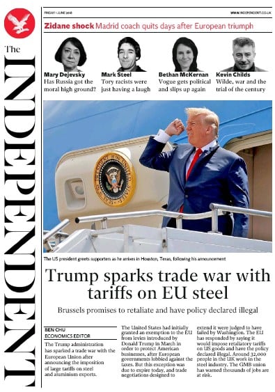 The Independent Newspaper Front Page for 1 June 2018